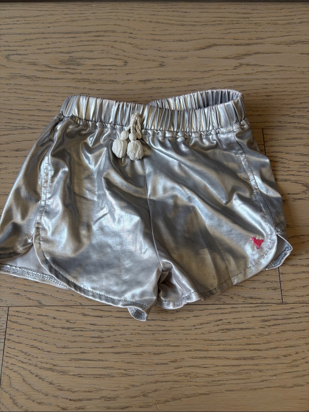 Pink Chicken Metallic Silver Girls' Athletic Shorts with Tassel Drawstring - 4Y